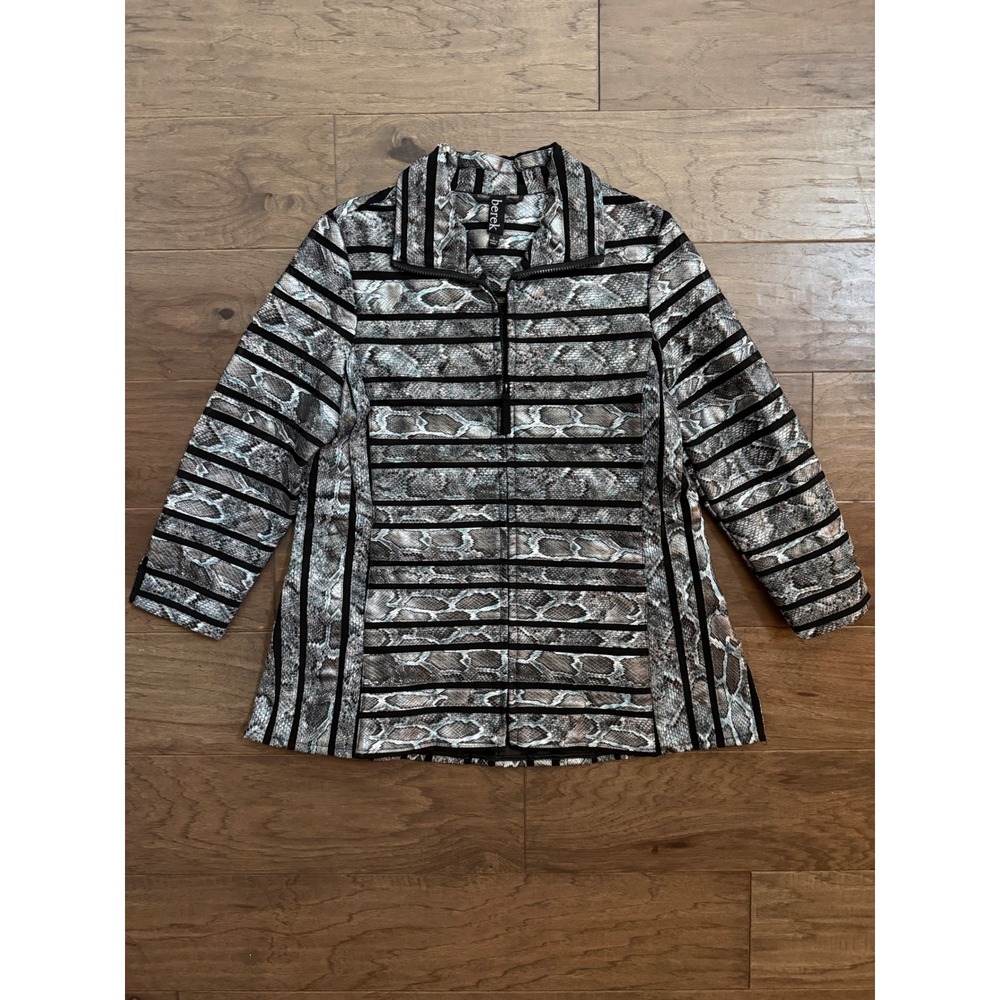 Berek‎ Womens Large Blue Grey Snakeskin Mesh Stripe Full Zip Lightweight Jacket